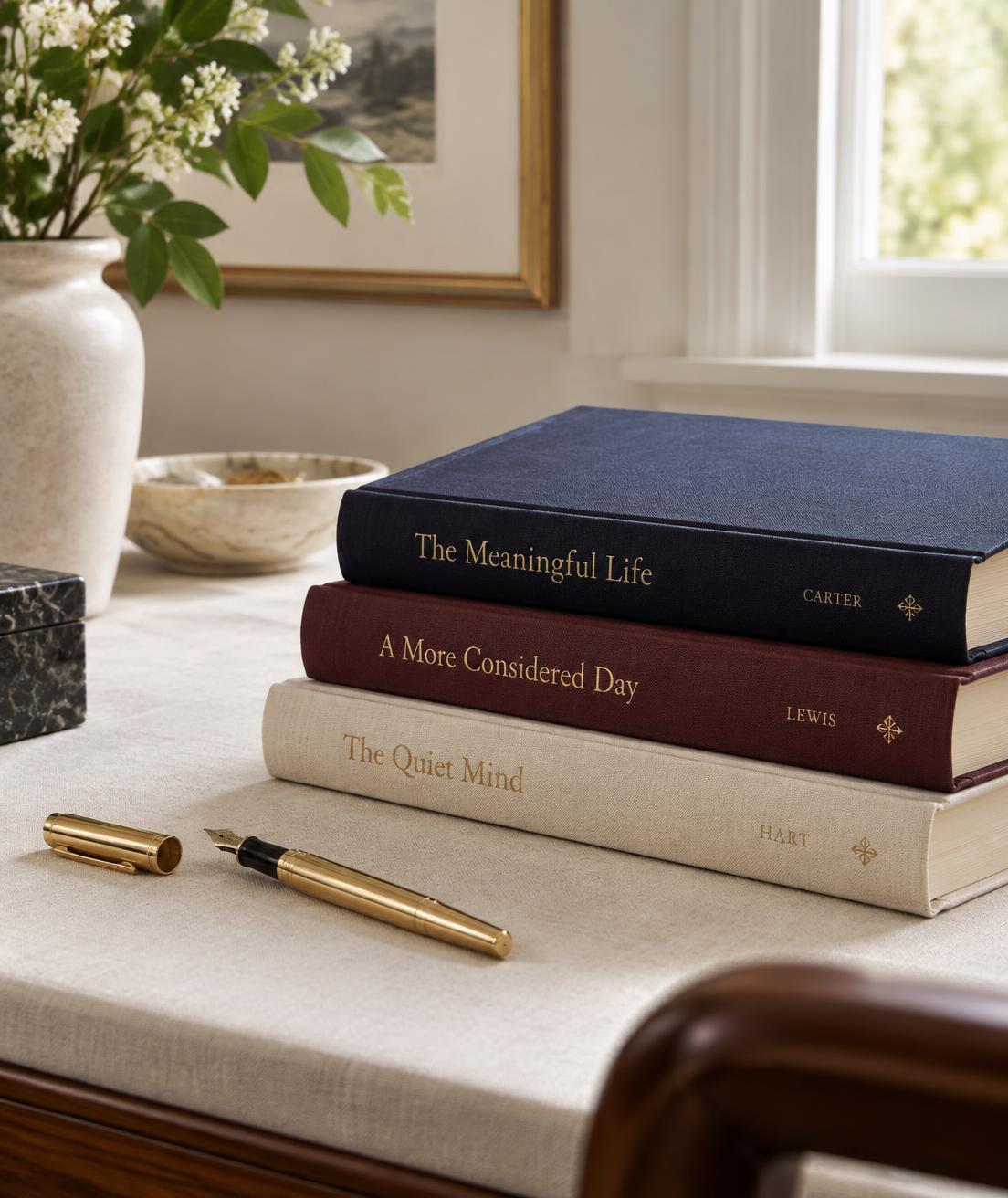 A stack of cloth-bound books with a gold fountain pen on an ivory linen desk